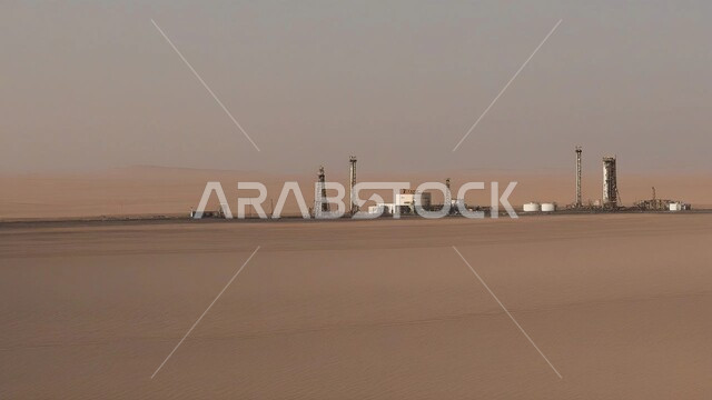 Adoption of modern techniques and technology in oil and gas production, soft golden sand dunes, engineering and urban development of oil refineries, oil refinery in the desert of the Kingdom of Saudi Arabia, huge and modern tools and equipment