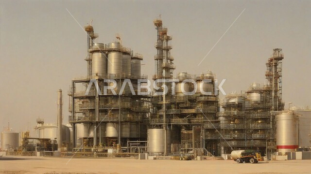 اعتماد التقنيات والتكنولوجيا الحديثة في إنتاجية النفط والغاز، الكثبان الرمليه الناعمة الذهبية، التطور الهندسي والعمراني لمصافي البترول، مصفاة نفط في صحراء المملكة العربية السعودية، ادوات ومعدات ضخمة وحديثة