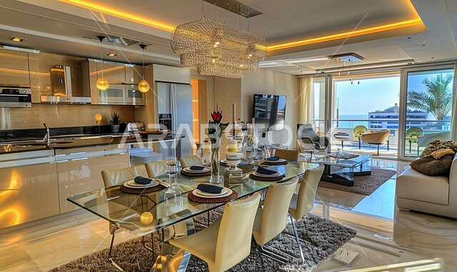 Dining table with a classic elegant design, modern interior home decorations for dining rooms, residential apartments and villas in the Kingdom of Saudi Arabia, using elegant artistic style in home furniture
