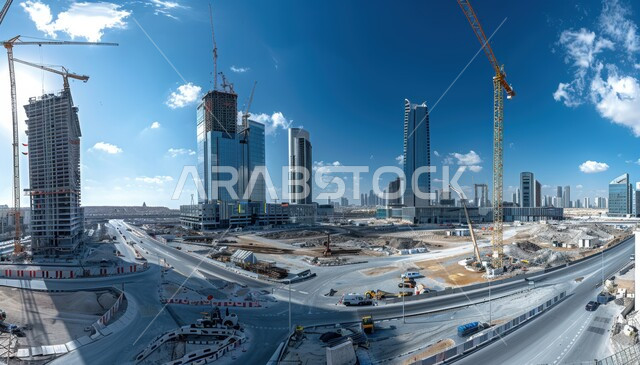 تنفيذ مخطط الإعمار بتشكيل الهيكل الأساسي للمبنى, ناطحة سحاب قيد الانشاء في المملكة العربية السعودية, الآلات والمعدات الثقيلة والرافعات والسقالات العالية, مفهوم الهندسة الانشائية والمعمارية, برج تحت التشييد باستخدام الآليات الحديثة، صب الخرسانات ووضع الأساسات