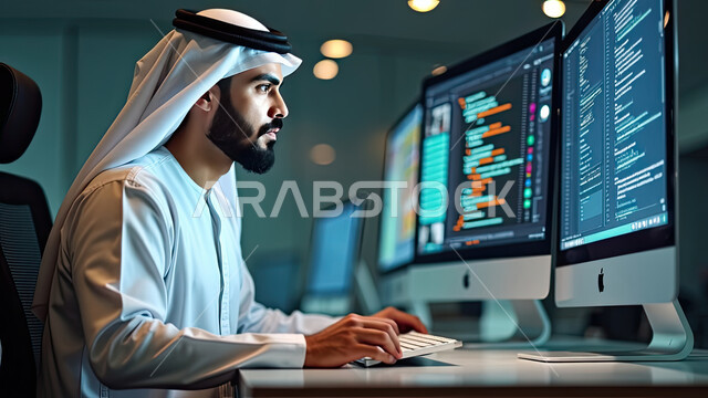 مفهوم الدقة والتركيز أثناء العمل، إدارة الأعمال عن بعد, صورة مقربة لرجل من الجانب عربي خليجي سعودي يرتدي الشماغ والثوب التقليدي يقوم بانجاز المهام عبر الحاسب المحمول, استخدام الأجهزة والتقنيات الحديثة, الاقتصاد والأمور المالية