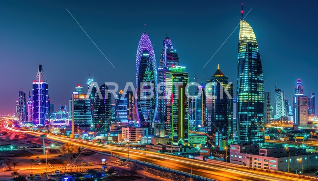 إطلالة متميزة لمركز الملك عبدالله الماليفي السعودية ليلا ،  معالم الرياض المشهورة، الفن الهندسي المعماري للأبراج وناطحات السحاب في المملكة ، أماكن ومقاصد سياحية