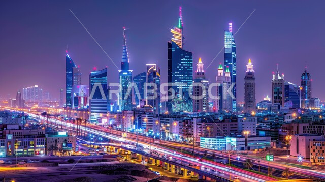 إطلالة متميزة لمركز الملك عبدالله المالي ( كافد ) في السعودية ليلا ،  معالم الرياض المشهورة، الفن الهندسي المعماري للأبراج وناطحات السحاب في المملكة ، أماكن ومقاصد سياحية .