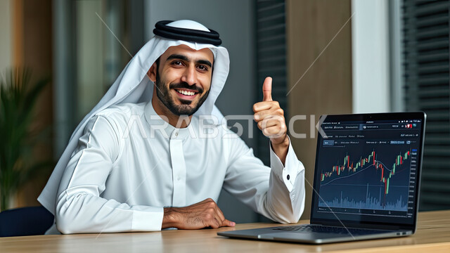 رفع إصبع الإبهام للأعلى دليل على الرضى والقبول، إدارة الأعمال عن بعد, صورة مقربة لرجل عربي خليجي سعودي مبتسم يرتدي الشماغ والثوب التقليدي يقوم بانجاز المهام عبر الحاسب المحمول, استخدام الأجهزة والتقنيات الحديثة, الاقتصاد والأمور المالية 