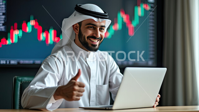رفع إصبع الإبهام للأعلى دليل على الرضى والقبول، إدارة الأعمال عن بعد, صورة مقربة لرجل عربي خليجي سعودي مبتسم يرتدي الشماغ والثوب التقليدي يقوم بانجاز المهام عبر الحاسب المحمول, استخدام الأجهزة والتقنيات الحديثة, الاقتصاد والأمور المالية 