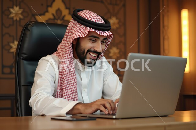 ايماءات السعادة والفرح والسرور، إدارة الأعمال عن بعد, صورة مقربة لرجل عربي خليجي سعودي مبتسم يرتدي الشماغ والثوب التقليدي يقوم بانجاز المهام عبر الحاسب المحمول, استخدام الأجهزة والتقنيات الحديثة, الاقتصاد والأمور المالية 