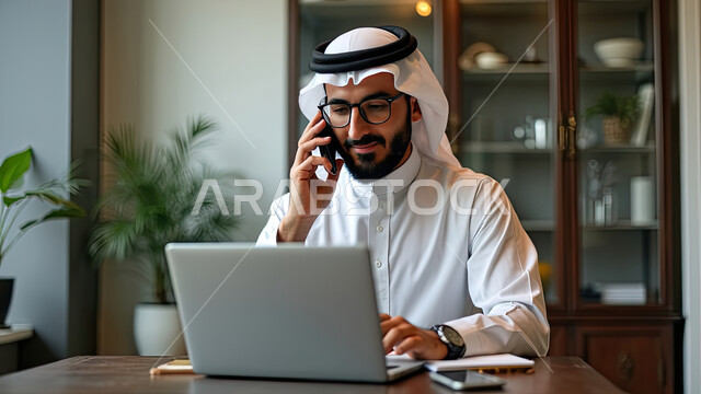 Making a phone call via mobile phone, gestures of happiness, joy and pleasure, remote business management, close-up of a smiling Saudi Arabian Gulf man wearing a traditional shemagh and thobe completing tasks via laptop, using modern devices and technologies, economics and finances
