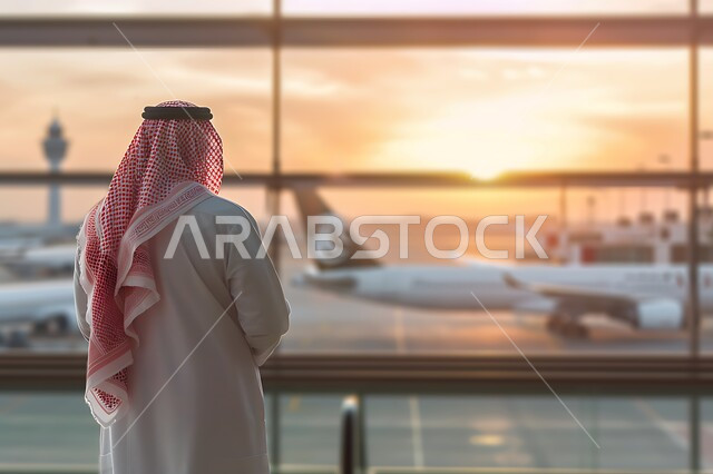 الاستعداد للذهاب في رحلة عمل، صورة من الخلف لرجل عربي خليجي سعودي يرتدي الشماغ والثوب التقليدي يقف في المطار ينظر إلى الطائرات، شركات و خطوط الطيران السعودي