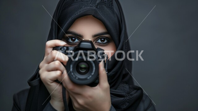 Professional photography using high-resolution digital cameras, Saudi women's jobs and professions, close-up portrait of a Saudi Arabian Gulf photographer wearing a hijab taking souvenir photos using a photographic camera, gray background