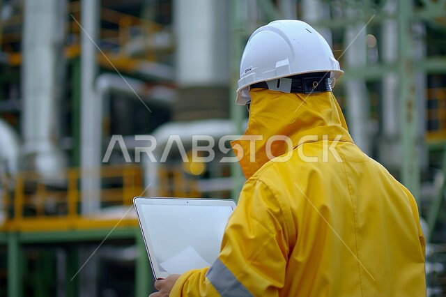 Preparing to go on a business trip, back view of a Saudi Arabian Gulf man wearing a traditional keffiyeh and thobe standing at the airport looking at the planes, Saudi Airlines