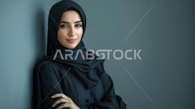 Elegance and interest in appearance, the concept of strength and self-confidence, close-up portrait of a Saudi Arabian Gulf woman wearing a hijab and a black abaya standing with crossed hands looking at the camera, gray background