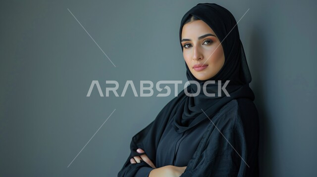 Elegance and interest in appearance, the concept of strength and self-confidence, close-up portrait of a Saudi Arabian Gulf woman wearing a hijab and a black abaya standing with crossed hands looking at the camera, gray background