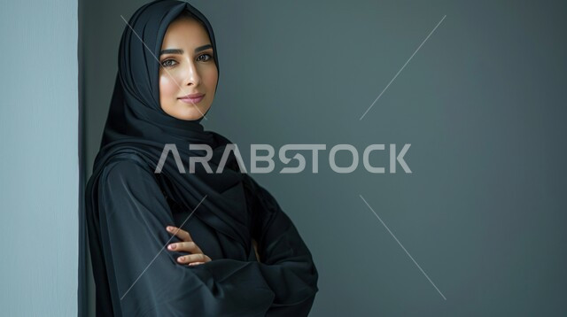 الاناقه و الاهتمام بالمظهر الخارجي، مفهوم القوة والثقه بالنفس, بورتريه مقرب لإمرأة عربية خليجية سعودية ترتدي الحجاب والعباءة السوداء تقف بأيدي متقاطعة تنظر إلى الكاميرا، خلفية رمادية