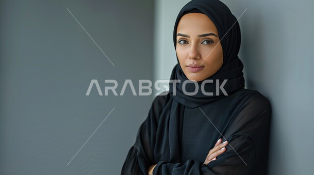الاناقه و الاهتمام بالمظهر الخارجي، مفهوم القوة والثقه بالنفس, بورتريه مقرب لإمرأة عربية خليجية سعودية ترتدي الحجاب والعباءة السوداء تقف بأيدي متقاطعة تنظر إلى الكاميرا، خلفية رمادية