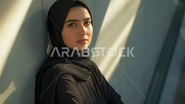مفهوم القوة والثقه بالنفس, صورة مقربة لإمرأة عربية خليجية سعودية ترتدي الحجاب والعباءة السوداء تقف بأيدي متقاطعة تنظر إلى الكاميرا، الاناقه و الاهتمام بالمظهر الخارجي