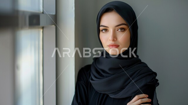 مفهوم القوة والثقه بالنفس, صورة مقربة لإمرأة عربية خليجية سعودية ترتدي الحجاب والعباءة السوداء تقف بأيدي متقاطعة تنظر إلى الكاميرا، الاناقه و الاهتمام بالمظهر الخارجي