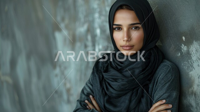 مفهوم القوة والثقه بالنفس, صورة مقربة لإمرأة عربية خليجية سعودية ترتدي الحجاب والعباءة السوداء تقف بأيدي متقاطعة تنظر إلى الكاميرا، الاناقه و الاهتمام بالمظهر الخارجي