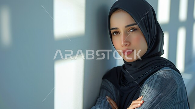 مفهوم القوة والثقه بالنفس, صورة مقربة لإمرأة عربية خليجية سعودية ترتدي الحجاب والعباءة السوداء تقف بأيدي متقاطعة تنظر إلى الكاميرا، الاناقه و الاهتمام بالمظهر الخارجي