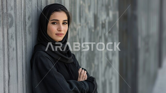 مفهوم القوة والثقه بالنفس, صورة مقربة لإمرأة عربية خليجية سعودية ترتدي الحجاب والعباءة السوداء تقف بأيدي متقاطعة تنظر إلى الكاميرا، الاناقه و الاهتمام بالمظهر الخارجي