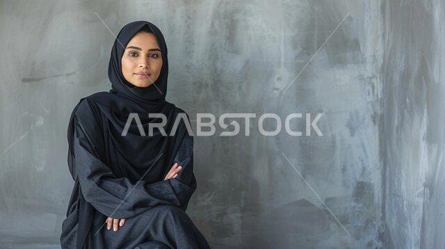 مفهوم القوة والثقه بالنفس, صورة مقربة لإمرأة عربية خليجية سعودية ترتدي الحجاب والعباءة السوداء تقف بأيدي متقاطعة تنظر إلى الكاميرا، الاناقه و الاهتمام بالمظهر الخارجي