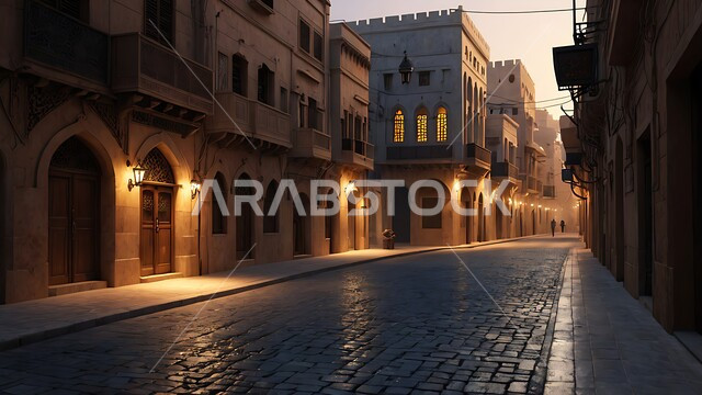 الأزقة والشوارع الرئيسية المزينة والمضيئة ليلا، الفنون الهندسية البيوت والمنازل على الطراز الإسلامي احياء سكنيه قديمه في المدينة المنوره في المملكة العربية السعودية، مدن ومعالم تاريخية , أماكن سياحية مشهورة، البيوت الشعبية التاريخية القديمة