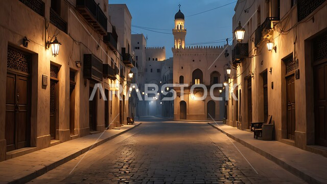 الأزقة والشوارع الرئيسية المزينة والمضيئة ليلا، الفنون الهندسية البيوت والمنازل على الطراز الإسلامي احياء سكنيه قديمه في المدينة المنوره في المملكة العربية السعودية، مدن ومعالم تاريخية , أماكن سياحية مشهورة، البيوت الشعبية التاريخية القديمة