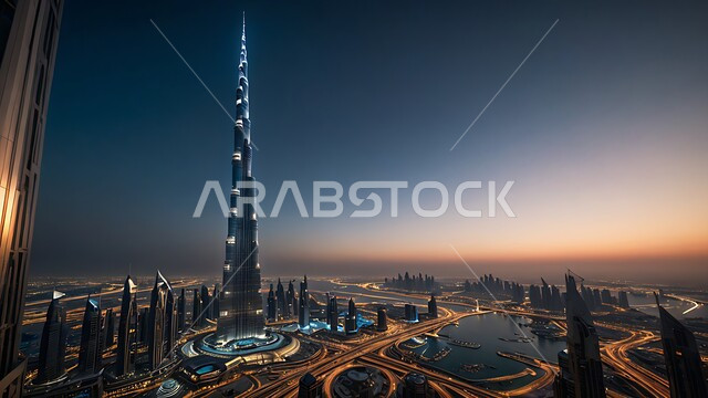 منظر تخيلي مستقبلي لبرج خليفة الشهير، التصاميم والفنون المعمارية الحديثة للأبراج وناطحات السحاب المضيئة ليلا في الامارات العربية المتحدة، المباني والمنشآت التجارية الشاهقة، مفهوم تطوير وتحسين البنية التحتية، بناء مستقبل حضاري متطور في دبي