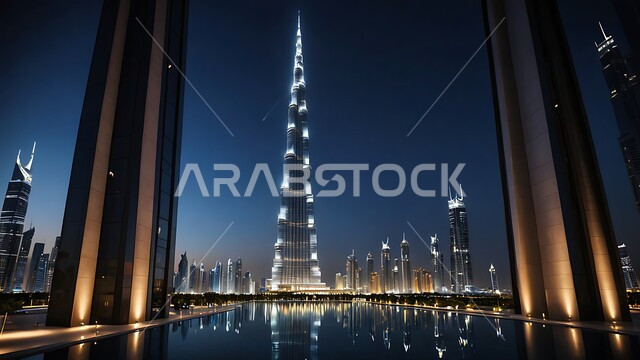 منظر تخيلي مستقبلي لبرج خليفة الشهير، التصاميم والفنون المعمارية الحديثة للأبراج وناطحات السحاب المضيئة ليلا في الامارات العربية المتحدة، المباني والمنشآت التجارية الشاهقة، مفهوم تطوير وتحسين البنية التحتية، بناء مستقبل حضاري متطور في دبي