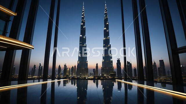 منظر تخيلي مستقبلي لبرج خليفة الشهير، التصاميم والفنون المعمارية الحديثة للأبراج وناطحات السحاب المضيئة ليلا في الامارات العربية المتحدة، المباني والمنشآت التجارية الشاهقة، مفهوم تطوير وتحسين البنية التحتية، بناء مستقبل حضاري متطور في دبي