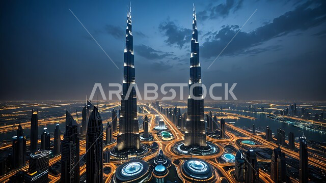 منظر تخيلي مستقبلي لبرج خليفة الشهير، التصاميم والفنون المعمارية الحديثة للأبراج وناطحات السحاب المضيئة ليلا في الامارات العربية المتحدة، المباني والمنشآت التجارية الشاهقة، مفهوم تطوير وتحسين البنية التحتية، بناء مستقبل حضاري متطور في دبي