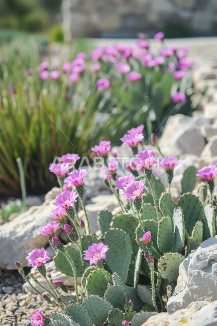  مجموعة من نبات الصبار الشوكي في المناطق الصحراوية، نمو الشوكيات والأعشاب في براري المملكة العربية السعودية، النباتات الشوكية والاعشاب البرية في المحميات الطبيعية