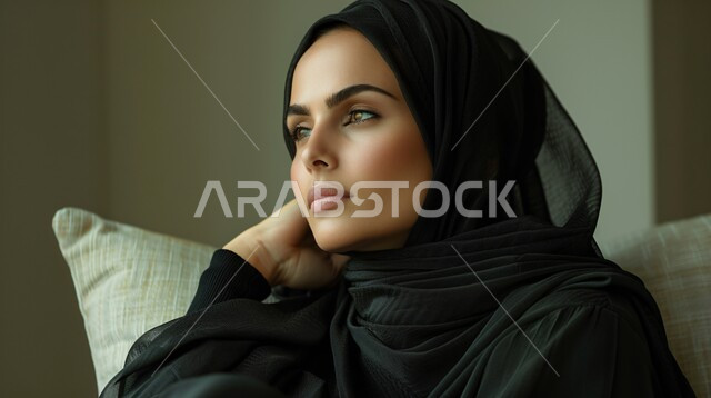 التأمل وشرود الذهن، بورتريه مقرب لإمرأة عربيه خليجيه سعوديه محجبه ترتدي العباءة تجلس على كرسي مريح بإيماءات الاسترخاء، الشعور بالنعاس والحاجة الى النوم، أخذ قسط من الراحة، خلفية رمادية