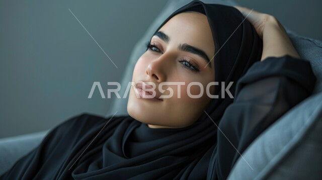 التأمل وشرود الذهن، بورتريه مقرب لإمرأة عربيه خليجيه سعوديه محجبه ترتدي العباءة تجلس على كرسي مريح بإيماءات الاسترخاء، الشعور بالنعاس والحاجة الى النوم، أخذ قسط من الراحة، خلفية رمادية