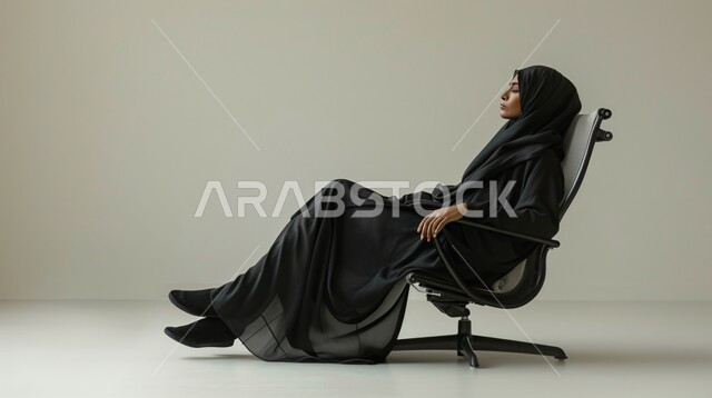  الشعور بالنعاس والحاجة الى النوم، أخذ قسط من الراحة، اغماض العينين للتأمل وشرود الذهن، بورتريه لإمرأة عربيه خليجيه سعوديه محجبه ترتدي العباءة تجلس على كرسي مريح بإيماءات الاسترخاء، خلفية رمادية