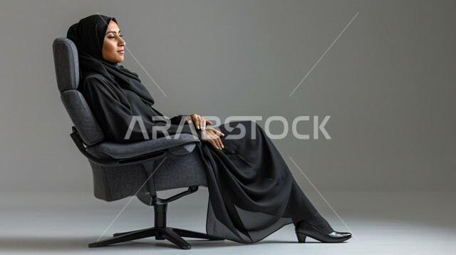  الشعور بالنعاس والحاجة الى النوم، أخذ قسط من الراحة، اغماض العينين للتأمل وشرود الذهن، بورتريه لإمرأة عربيه خليجيه سعوديه محجبه ترتدي العباءة تجلس على كرسي مريح بإيماءات الاسترخاء، خلفية رمادية