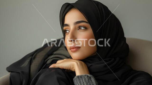 التأمل وشرود الذهن، بورتريه مقرب لإمرأة عربيه خليجيه سعوديه محجبه ترتدي العباءة تجلس على كرسي مريح بإيماءات الاسترخاء، الشعور بالنعاس والحاجة الى النوم، أخذ قسط من الراحة، خلفية رمادية