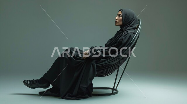 أخذ قسط من الراحة، اغماض العينين للتأمل وشرود الذهن، بورتريه لإمرأة عربيه خليجيه سعوديه محجبه ترتدي العباءة تجلس على كرسي مريح بإيماءات الاسترخاء، الشعور بالنعاس والحاجة الى النوم، خلفية رمادية