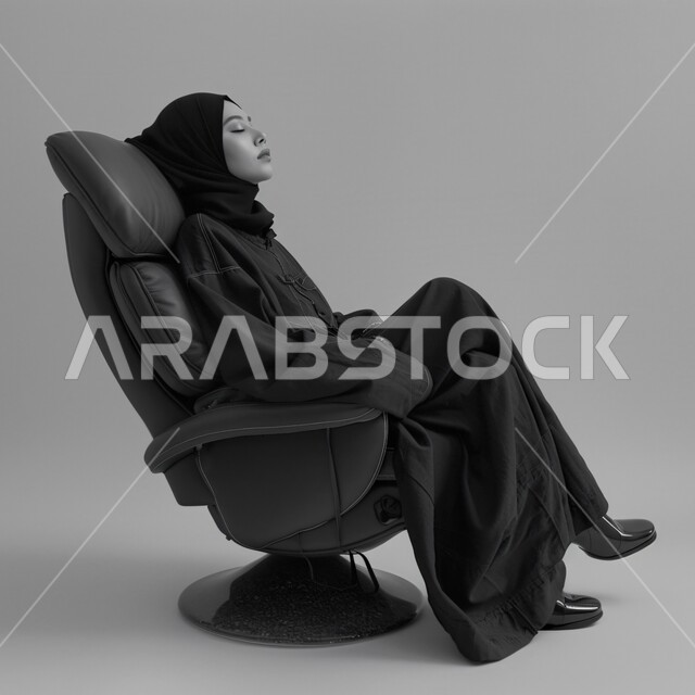 Taking a break, closing eyes to meditate and absent-mindedness, portrait of a veiled Saudi Arabian Gulf woman wearing an abaya sitting on a comfortable chair with gestures of relaxation, feeling sleepy and needing to sleep, gray background