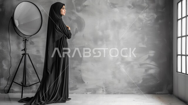  جلسة تصوير في الاستوديو، تجهيز المعدات المتطورة لالتقاط صور فوتوغرافية، تصوير اعلاني تسويقي، مفهوم خلف الكواليس، عارضة أزياء محجبات وموديلات عصرية حديثة، امرأة عربية خليجية سعودية ترتدي الحجاب والعباءة تعمل في مجال الإعلانات