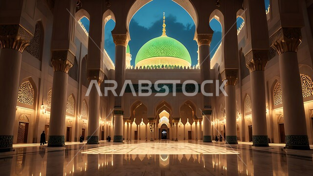 التصاميم والديكورات الداخلية الأنيقة للمساجد، الزخارف والنقوش للاعمدة والاقواس على الطراز الاسلامي، الفن الهندسي المعماري لممر مسجد عربي عريق، مفهوم العبادة والتقرب إلى الله تعالى, مكان المسلمين لأداء الصلوات وقراءة القرآن، الأجواء الروحانية والطمأنينة.