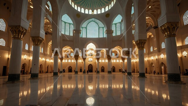 التصاميم والديكورات الداخلية الأنيقة للمساجد، الزخارف والنقوش للاعمدة والاقواس على الطراز الاسلامي، الفن الهندسي المعماري لممر مسجد عربي عريق، مفهوم العبادة والتقرب إلى الله تعالى, مكان المسلمين لأداء الصلوات وقراءة القرآن، الأجواء الروحانية والطمأنينة.