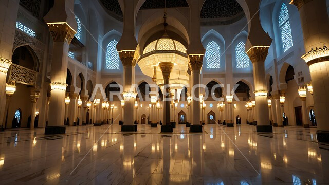 Elegant designs and interior decorations of mosques, decorations and engravings of columns and arches in the Islamic style, the architectural art of the corridor of an ancient Arab mosque, the concept of worship and drawing closer to God Almighty, a place for Muslims to perform prayers and read the Qur’an, the spiritual atmosphere and tranquility.