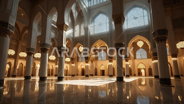 التصاميم والديكورات الداخلية الأنيقة للمساجد، الزخارف والنقوش للاعمدة والاقواس على الطراز الاسلامي، الفن الهندسي المعماري لممر مسجد عربي عريق، مفهوم العبادة والتقرب إلى الله تعالى, مكان المسلمين لأداء الصلوات وقراءة القرآن، الأجواء الروحانية والطمأنينة.