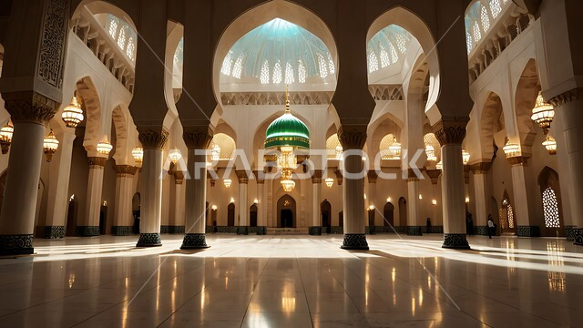 التصاميم والديكورات الداخلية الأنيقة للمساجد، الزخارف والنقوش للاعمدة والاقواس على الطراز الاسلامي، الفن الهندسي المعماري لممر مسجد عربي عريق، مفهوم العبادة والتقرب إلى الله تعالى, مكان المسلمين لأداء الصلوات وقراءة القرآن، الأجواء الروحانية والطمأنينة.
