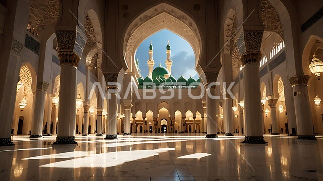 التصاميم والديكورات الداخلية الأنيقة للمساجد، الزخارف والنقوش للاعمدة والاقواس على الطراز الاسلامي، الفن الهندسي المعماري لممر مسجد عربي عريق، مفهوم العبادة والتقرب إلى الله تعالى, مكان المسلمين لأداء الصلوات وقراءة القرآن، الأجواء الروحانية والطمأنينة.