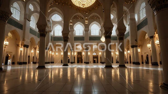 Elegant designs and interior decorations of mosques, decorations and engravings of columns and arches in the Islamic style, the architectural art of the corridor of an ancient Arab mosque, the concept of worship and drawing closer to God Almighty, a place for Muslims to perform prayers and read the Qur’an, the spiritual atmosphere and tranquility.