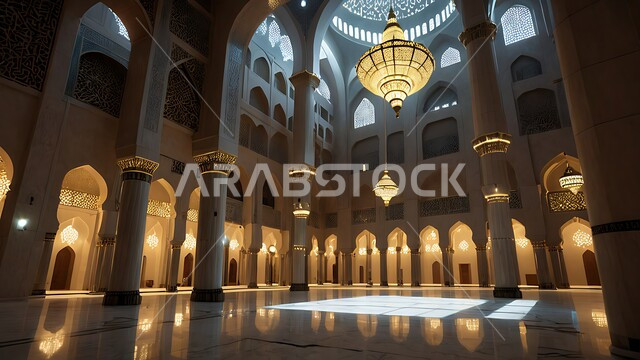 Elegant designs and interior decorations of mosques, decorations and engravings of columns and arches in the Islamic style, the architectural art of the corridor of an ancient Arab mosque, the concept of worship and drawing closer to God Almighty, a place for Muslims to perform prayers and read the Qur’an, the spiritual atmosphere and tranquility.
