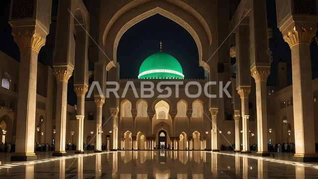 Elegant designs and interior decorations of mosques, decorations and engravings of columns and arches in the Islamic style, the architectural art of the corridor of an ancient Arab mosque, the concept of worship and drawing closer to God Almighty, a place for Muslims to perform prayers and read the Qur’an, the spiritual atmosphere and tranquility.