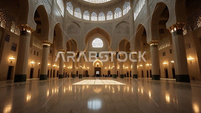 التصاميم والديكورات الداخلية الأنيقة للمساجد، الزخارف والنقوش للاعمدة والاقواس على الطراز الاسلامي، الفن الهندسي المعماري لممر مسجد عربي عريق، مفهوم العبادة والتقرب إلى الله تعالى, مكان المسلمين لأداء الصلوات وقراءة القرآن، الأجواء الروحانية والطمأنينة.
