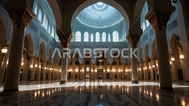 التصاميم والديكورات الداخلية الأنيقة للمساجد، الزخارف والنقوش للاعمدة والاقواس على الطراز الاسلامي، الفن الهندسي المعماري لممر مسجد عربي عريق، مفهوم العبادة والتقرب إلى الله تعالى, مكان المسلمين لأداء الصلوات وقراءة القرآن، الأجواء الروحانية والطمأنينة.